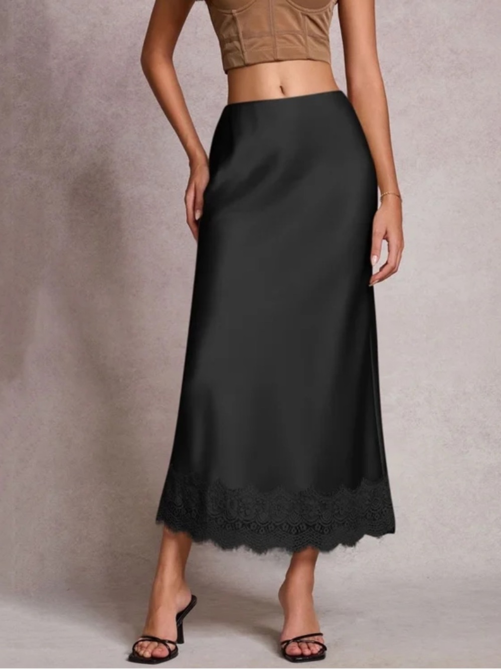 Calligraphie Womens Black Satin Lace-Hem Midi Skirt, plus size 3X